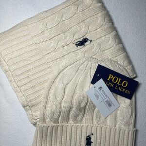 Ralph Lauren Ivory Cable Knit Beanie and Scarf Set